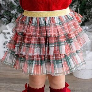 Holiday Christmas Festive Red Green Plaid Tulle Skirt Stretch Gold Waistband 4-6